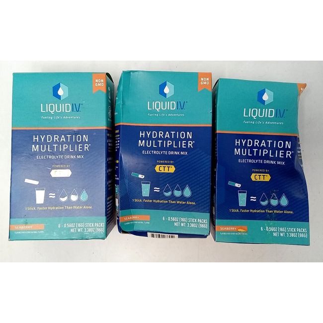 Lot of 3 Liquid IV Hydration Multiplier, Seaberry, 6 Sticks Each (18 Total)