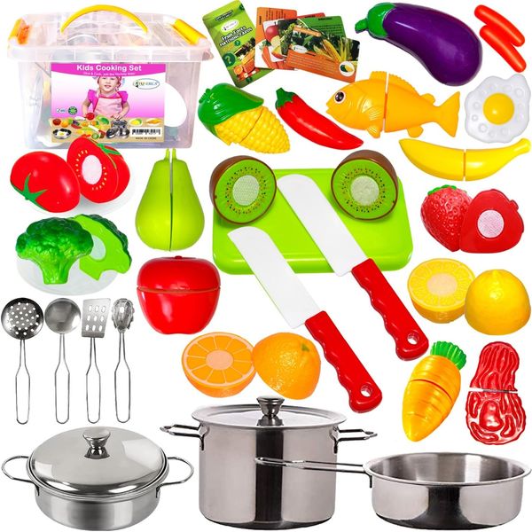 FUNERICA Cutting Play Food Set and Pretend Cookware Set with Realistic Stainless-Steel Pots and Pans and Utensils - Toy Kitchen Accessories Playset for Toddlers and Kids