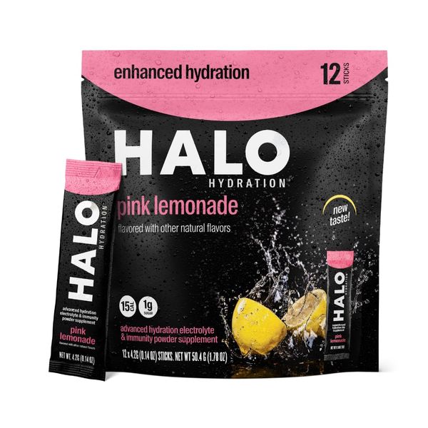 Halo Hydration - Electrolyte Drink Mix | Hydration Powder Packets | Pink Lemonade Flavor – for Sports and Cycling | Easy Open Single Serving Stick | 12 Sticks