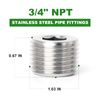 TAISHER 5PCS 304 Stainless Steel Internal Hex Thread Socket Pipe Plug Fitting 3/4" NPT Male