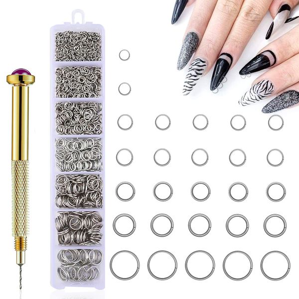 DANNEASY 1070pcs Nail Art Dangle Charm Piercing Tool Hand Drill Nail Piercing Charms Jump Rings Connectors Nail Accessories Jump Ring for Jewelry Craft Making Nail Art Supplies(Silver)