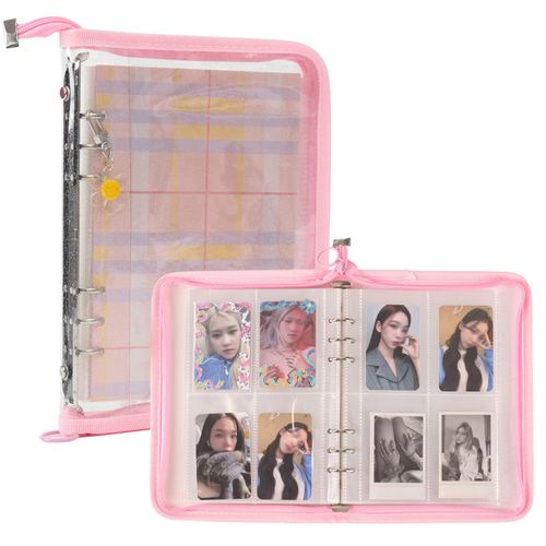 4-Pocket Kpop Photocard Holder Book with 30Pcs Inner Pages 6 Ring A5 Photocard Binder Card Collect Book Hold Up to 240 Cards (Pink)