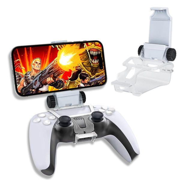 Sunmike Compatible with PS5 Controller Phone Mount, Mobile Gaming Clip Compatible with PS5 Controller Foldable Smartphone Holder Bracket Clamp Adjustable Phone Clip - White
