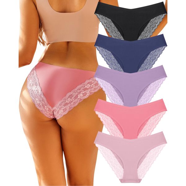 FINETOO Underwear for Women Lace Sexy Hipster V Cut No Show Bikini Panties Seamless Cheeky 5 Pack S-XL