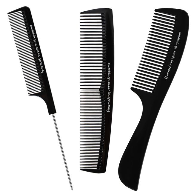 AMATHINGS 3 Stück Kämme Made in Germany HaarKamm Set, Barbier Zahnkamm mit Griff Haarstyling Doppelzahnkamm Antistatischer Grobzinkiger, Schwarz Feiner Kamm / Breiter Kamm für Männer und Frauen