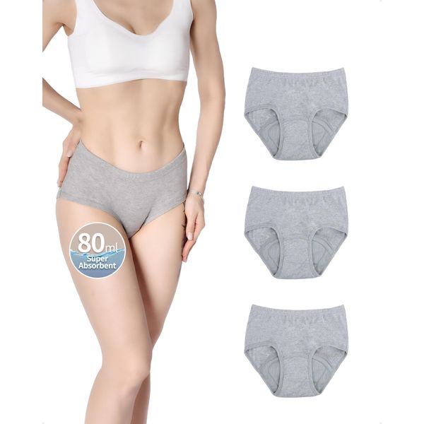 Incontinence Underwear for Women Washable, Reusable Leak Proof Underwear, Breathable Cotton Panties, 80ml High Absorbency Bladder Leak Briefs (Grey, 3XL)