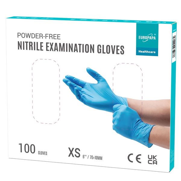 EUROPAPA 100x Nitrilhandschuhe Box Einweghandschuhe, Einmalhandschuhe, Untersuchungshandschuhe, Nitril Handschuhe, puderfrei, ohne Latex, unsteril, latexfrei, disposible gloves (XS, Blau)