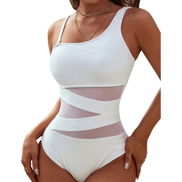 Blooming Jelly Women's Sexy One Piece Bathing Suits One Shoulder Swimsuits Slimming Mesh Swimwear (Large, White)