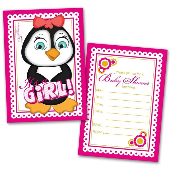 Leigha Marina It's a Girl Penguin Baby Shower Invitations – 20 Cards & 20 Envelopes