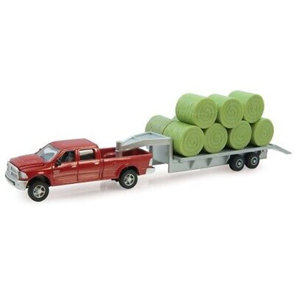 Ertl 1/64th Dodge 2500 red pickup truck with gooseneck trailer & round hay bales