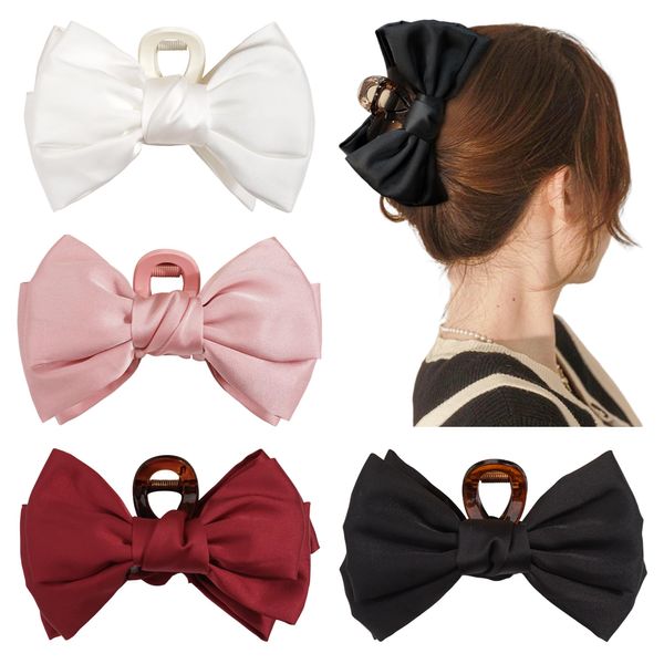 KANGAROO Big Bow Hair Claw Clips for Women Girls, 4 pcs Satin Silky Bow Hair Barrette Nonslip Claw Clip Solid Color Hair Accessories Hair Claw Clips for Thick Thin Hair