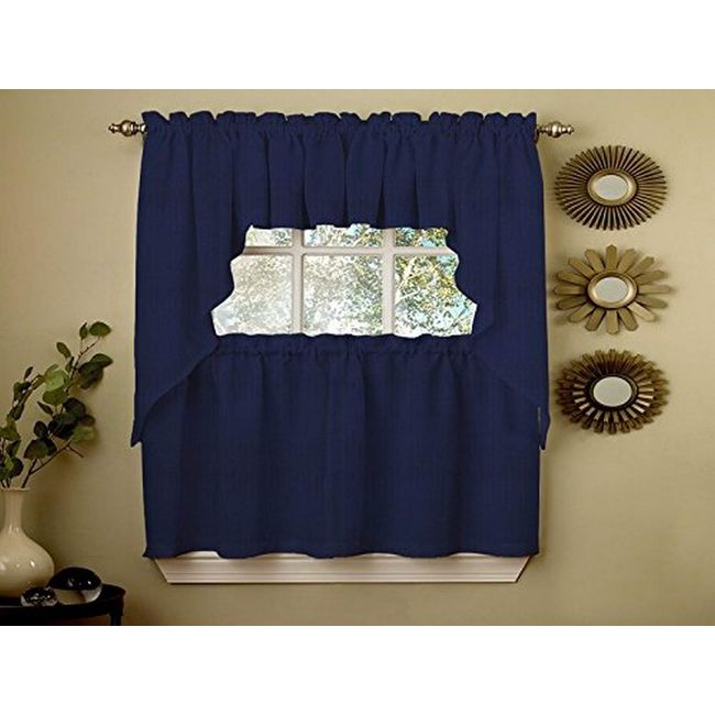 Sweet Home Collection Opaque Rib Cord Kitchen Curtains Swag Pair, Ribcord Navy