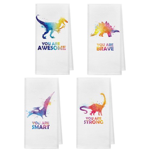 Kunlisa Dinosaur Hand Towels for Kids Bathroom, Kids Bathroom Decor, Awesome Brave Strong Smart Inspirational Dinosaur Kitchen Towels Dish Towels 1624 Inch, Set of 4
