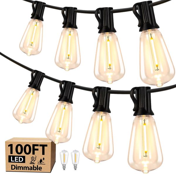 Kondras 100FT LED Outdoor String Lights, Waterproof Outside Patio Lights with 52 Dimmable ST38 Edison Bulbs, Connectable Hanging Lights for Yard Porch