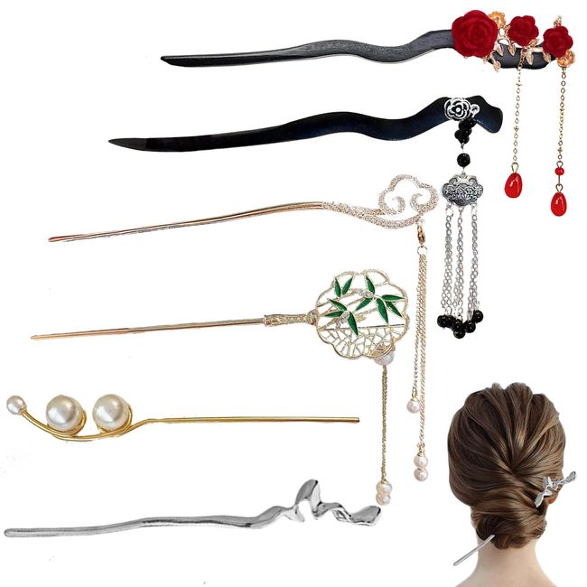 OCXEQJX 6 Pcs Chinese Style Hair Sticks Wooden Hairpin Flower Hair Chopsticks Retro Decor with Tassel Rhinestone Pearl Handmade Hair Accessories for Women Girl's Long Hair (6 PCS)