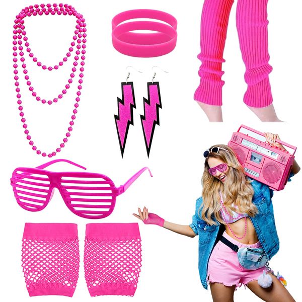 10 PCS 80s Accessories for Women, 80s Fancy Costume Accessories Set with Retro Neon Rosy Necklace Earring Glasses Bracelets Gloves Leg Warmers for Women and Girls(Rosy)