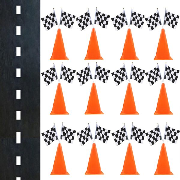 7inch Orange Racing Traffic Cones Party Decoration with Racing Checkered Flags,11inch Safety Sport Training Plastic Cones with Racing Flags,Race Car Birthday Party Supplies,Racing Themed Party