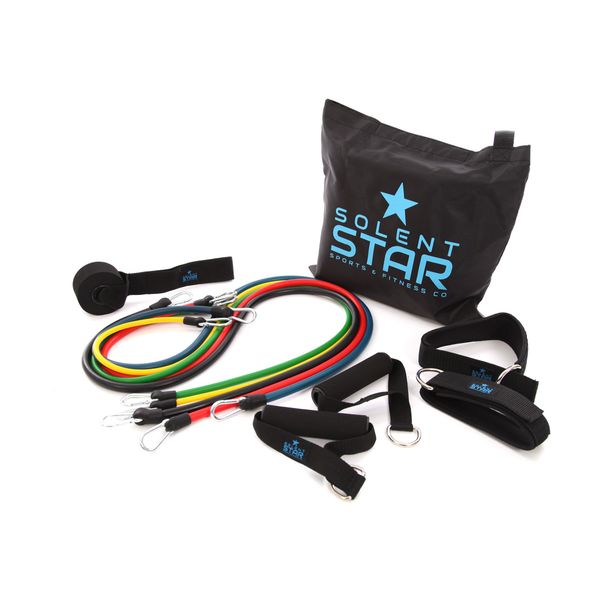 Solent Star RESISTANCE BANDS SET - 11 piece set 5 strength premium quality latex tubes, nylon straps handles carry bag, strength. toning conditioning workout, home, gym on the move