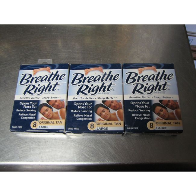 3 LOT OF BREATHE RIGHT 8 CT EACH PKG ORIGINAL TAN LARGE DRUG FREE FREE SHIPPING