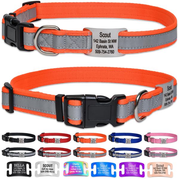 GoTags Reflective Personalized Dog Collar with Nameplate, Adjustable Dog Collar with Custom Engraved Steel Slide On Pet ID Tag, Silent, No Noise Dog Tag for Large Medium or Small (Orange, Large)