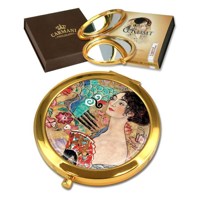 CARMANI Gustav Klimt 'Lady with Fan' Pocket Mirror, Gold Plated Bronze Make-up, Compact, Travel Mirror