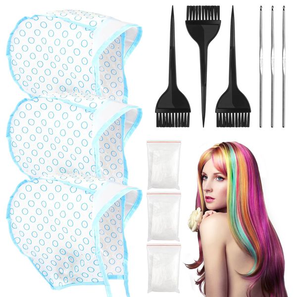 Foyods 12 Pack Hair Highlighting Kit with 3PCS Frosting Caps for Highlighting Hair, 3PCS Highlight Hair Coloring Comb, Disposable Gloves/Earmuffs/Bathing Cap for Salon Women Men Hair Dyeing Hairdress