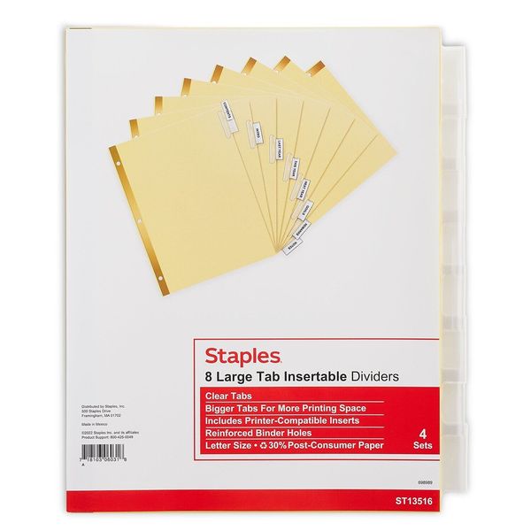 Staples Big Tab Blank Paper Dividers 8-Tab Clear 4/Pack (13516/14482) 431424