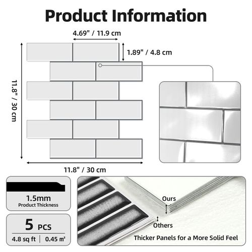 WADILE 3D Self-Adhesive Wall Tiles, Set of 5 Aluminium Foil Foam Panels, Waterproof PVC Wall Stickers for Kitchen & Bathroom, White Brick Look Wall Cladding