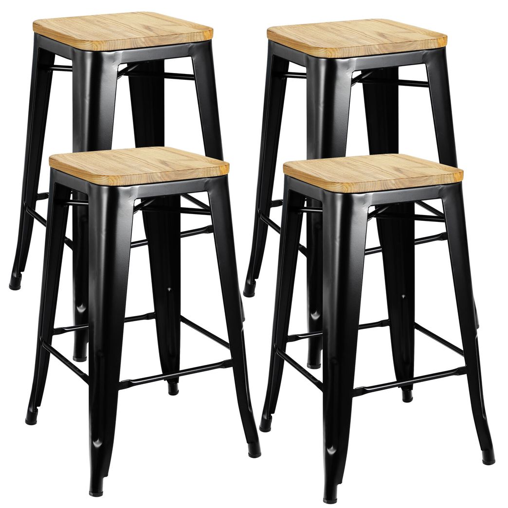 Set of 4 Metal Counter Bar Stools Pub Industrial 26" Height w/ Wood Seat 330LB 