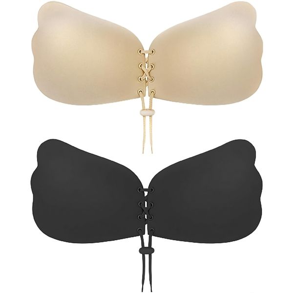 Sticky Bra 2 Pairs Strapless Backless Bra Adhesive Invisible Lift up Bra Push up Bra for Backless Dress (Beige and Black) B