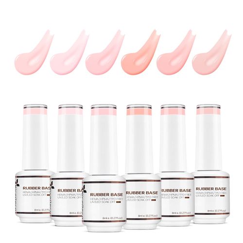 Nicedeco 4 In 1 Rubber Base Gel Set For Nails, Hema Free Nude Rose Pink Sheer Color Gel Nail Polish UV LED Soak Off, Elastic Rubber Nail Strengthen Enhance Base Coat 6pcs x 8ml-Kit37