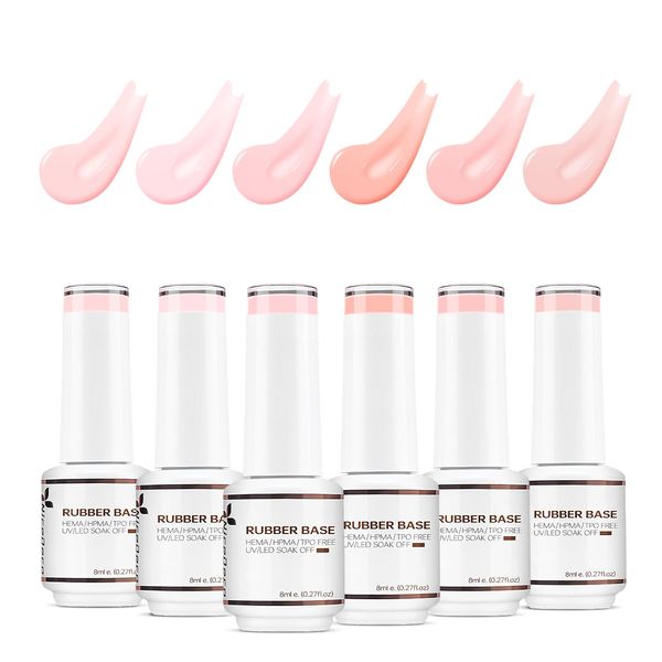 Nicedeco 4 In 1 Rubber Base Gel Set For Nails, Hema Free Nude Rose Pink Sheer Color Gel Nail Polish UV LED Soak Off, Elastic Rubber Nail Strengthen Enhance Base Coat 6pcs x 8ml-Kit37