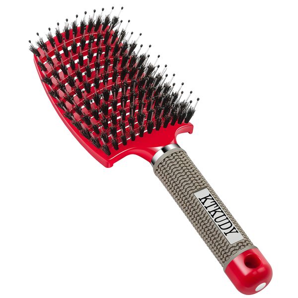 Detangling Brush Boar Bristles KTKUDY Voremy Magical Brush Detangler Curved and Vented Speed Dry Hair Brush for Women Men Kids Wet and Dry Hair (Red)