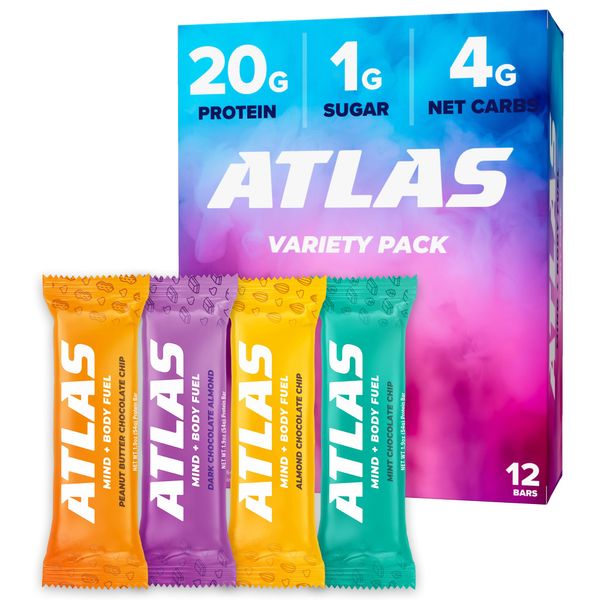 Atlas Protein Bar, 20g Protein, 1g Sugar, Clean Ingredients, Gluten Free (Chocolate Variety, 12 Count (Pack of 1))