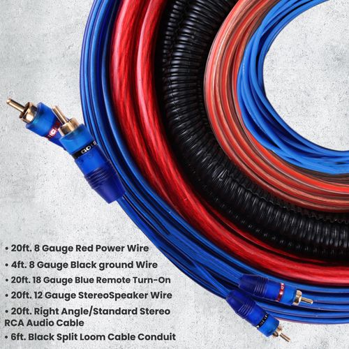 Pyle Marine and Car Audio Wiring Kit - 20ft 8 Gauge Power Wire - Up to 1000 Watts Amplifier Hookup for Battery, Head Unit & Stereo Speaker Installation - Marine Grade Cable & Gold Plated Fuse