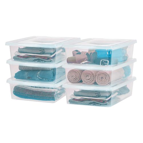 IRIS USA 28 Quarts Plastic Storage Container Bin with Latching Lid, 6 Pack, Nestable Box Tote Closet Game Organization Art Supplies Shoe Shoebox Towels Blankets Comforters Sleeping Bags