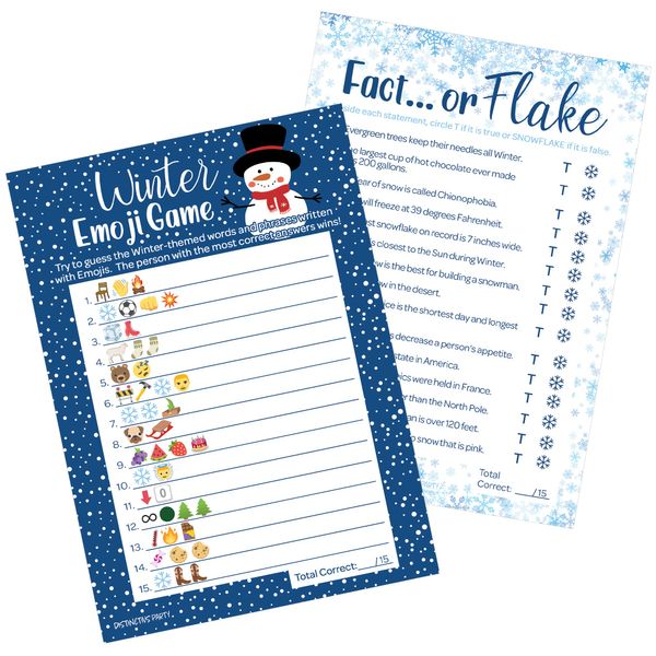 DISTINCTIVS Winter Holiday Party Games – Winter Themed Emoji Picture Guessing Game and Fact or Flake Winter Trivia (2 Game Bundle for Kids) - 25 Dual Sided Cards