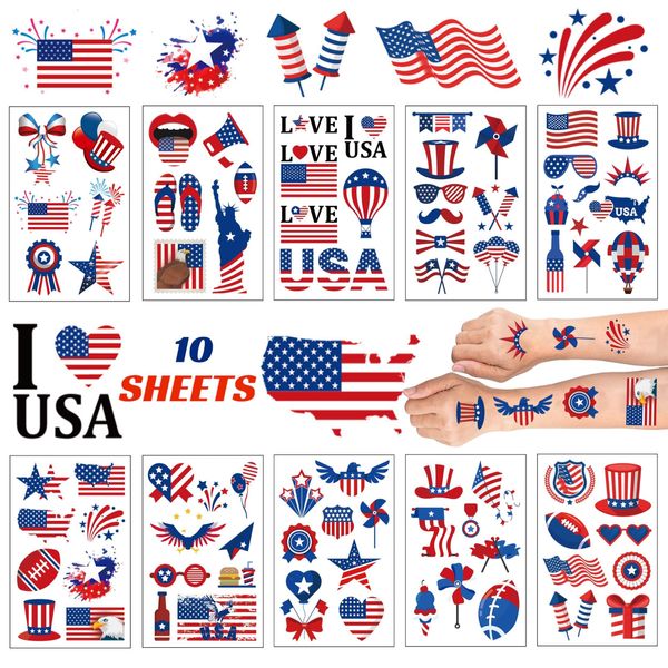 Masper 10 Sheets USA Tattoos Temporary, 80 Patriotic Tattoos, 4th of July Temporary Tattoos, American Flag Red White and Blue Tattoos, USA Face Tattoos