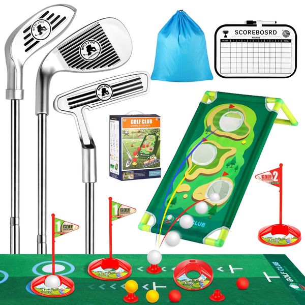 DZLION Toddler Golf Clubs Set, Kids Golf Toys Set with Golf Cornhole Board, Putting Mat, 3 Retractable Golf Clubs, 9 Golf Balls, Scoreboard, Indoor Outdoor Golf Game for 3-8 Boys Girls