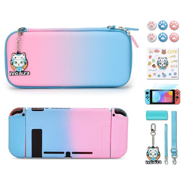 Carrying Case for Switch Pink-Blue, innoAura Switch Case Storage Accessories Set with Girl Switch Portable Case, Switch Protective Case, Switch Shell & Game Case, Screen Protector