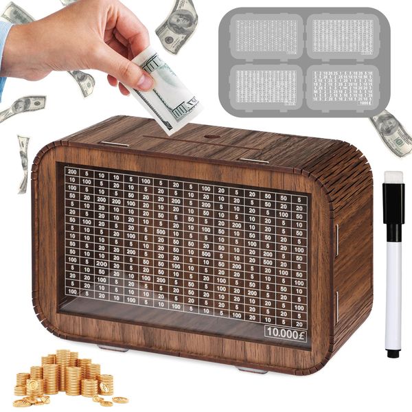 Giftota Wooden Money Box 4 IN 1, 10000 5000 3000 1000 Pound Savings Challenge Money Box Bank Cash, Happy Birthday Gift Present for Boys Girls Women Men Friend Mother Father