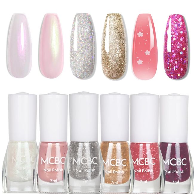 EONFAVE Glitter Nail Polish Sets - 6 Colours Pearlescent Glitter Nail Varnish Set - Shinny Peel Off Nail Polish Gifts for Women Nail Art DIY Home - No Need Cured