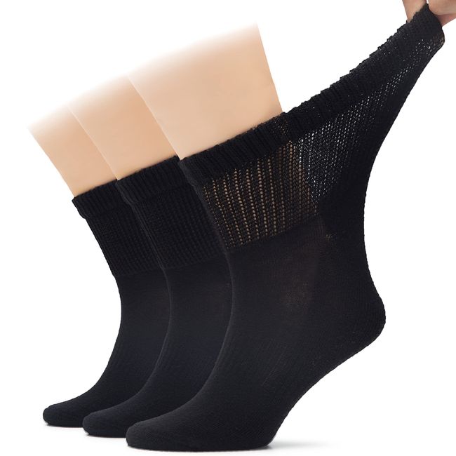 Hugh Ugoli Men's Cotton Diabetic Ankle Socks, Wide, Loose and Stretchy, Seamless Toe & Non Binding Top, Semi Cushion, 3 Pairs, Black, Shoe Size: 11-13