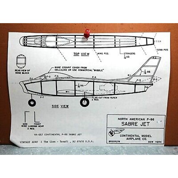 NORTH AMERICAN F-86 SABRE JET BALSA FREE FLIGHT MODEL AIRPLANE PLANS 9" WINGSPAN