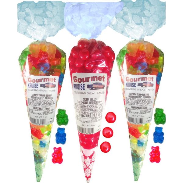 Gummy Bears (2) Assorted 12 Flavor Mix (1) Sour Cherry Balls Fire Engine Red (NET WT 32 OZ) Gourmet Kruise Signature Gift Bags Gummi And Chewy Candy