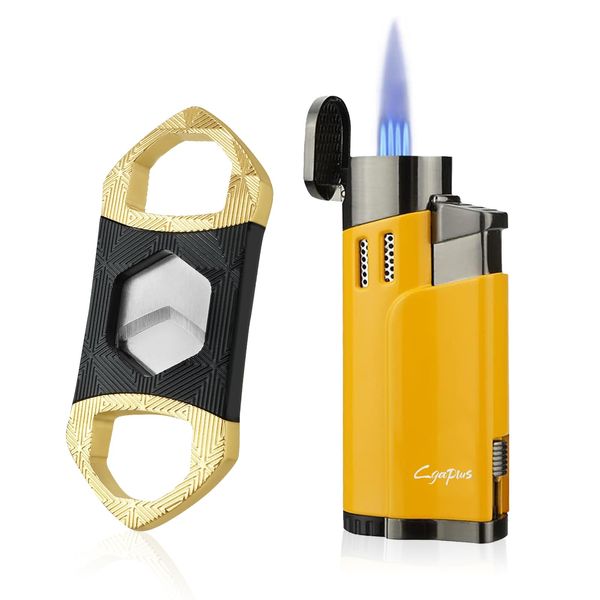 Torch Lighter with Punch 4 Jet Refillbale Lighters Windproof (Yellow 2)