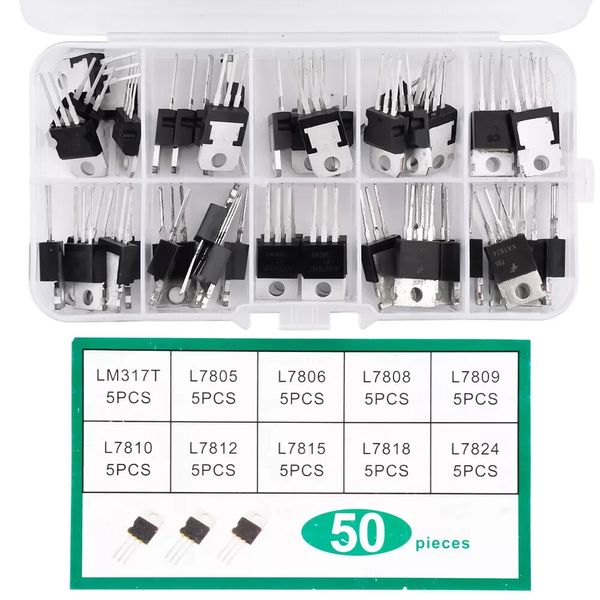 50pcs 10 Value LM317T L7805-L7824 Voltage Regulator Transistor Triode Kit Boxed