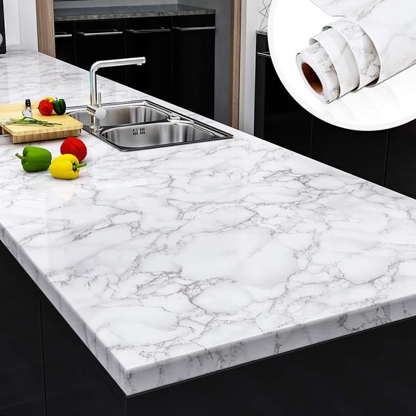 Yenhome Faux Marble Peel and Stick Countertops 24" x 118" White Gray Marble Counter Top Covers Peel and Stick Wallpaper for Kitchen Backsplash Peel and Stick Self Adhesive Removable Wallpaper