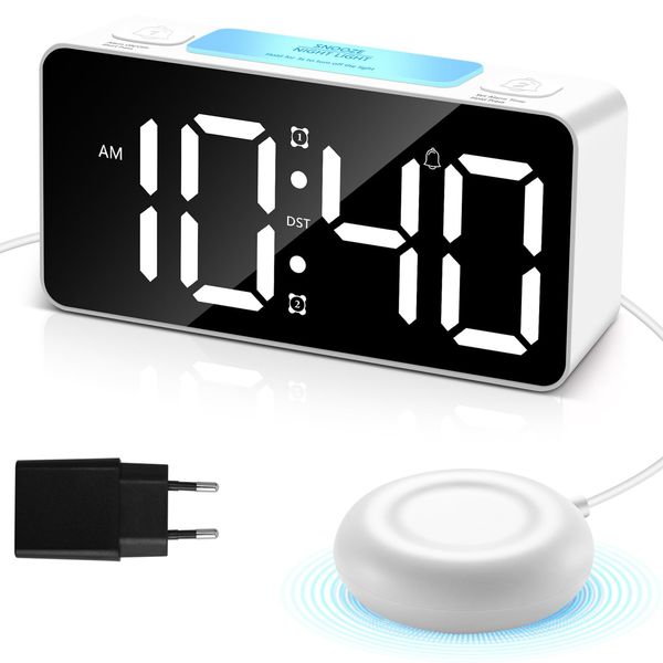 Gevvnss Wecker Laut für Tiefschläfer,Vibrationswecker mit Licht für Schwerschläfer,Hörgeschädigte,Gehörlose,Wecker Digital mit 3 Alarmmodi,4 Helligkeitsstufen,5 Lautstärkestufen & Snooze,Weiß