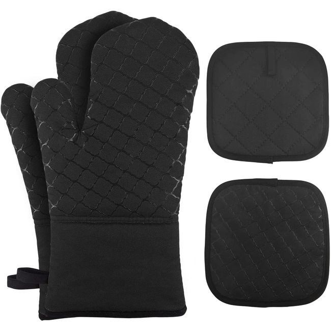 Ofenhandschuhe Topflappen Set, 300°C Hitzebeständige Anti-Rutsch Topfhandschuhe, Kochhandschuhe mit Baumwollfutter und Aufhängeschlaufe, Backhandschuhe zum Backen und Kochen (Schwarz)